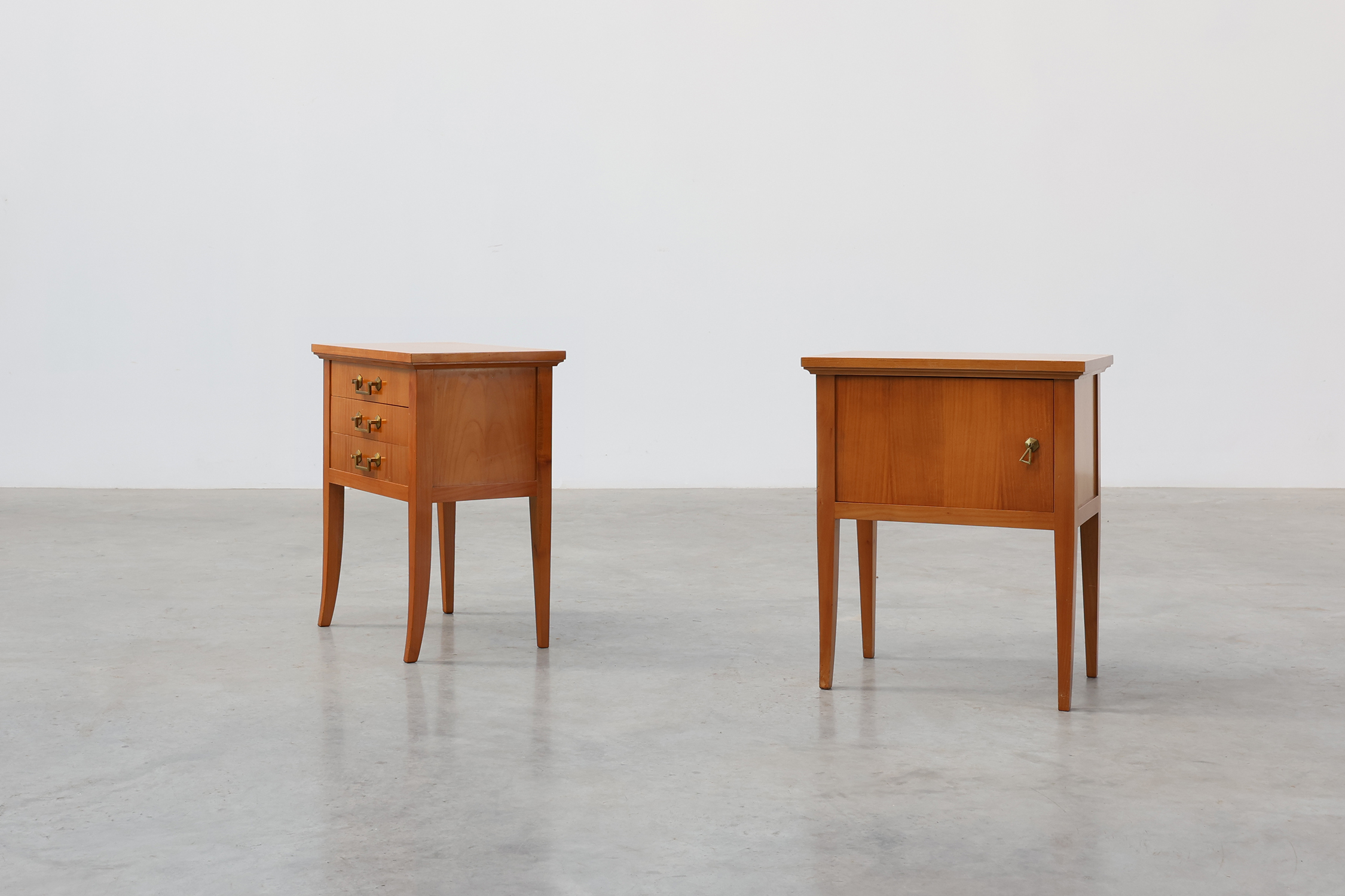 Pair of mid-century bedside tables with brass handles, France, 1950sthumbnail